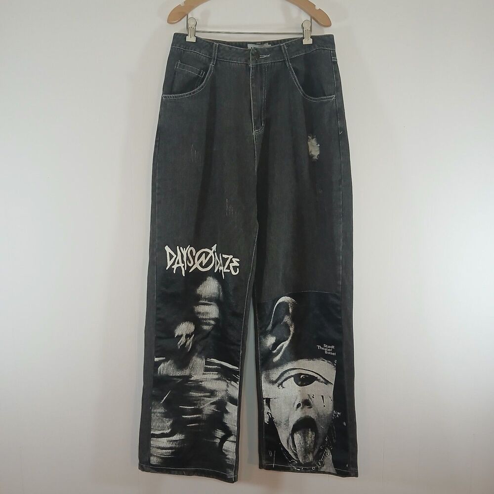 Days And Daze Jeans Black Size Extra-Large Japanese Streetwear Baggy Y2K Punk